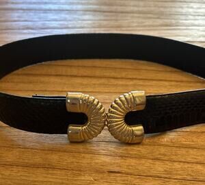 Vtg 90s Dame Black Genuine Snakeskin Waist Belt Brass Buckle Adjust Sz 33” Large